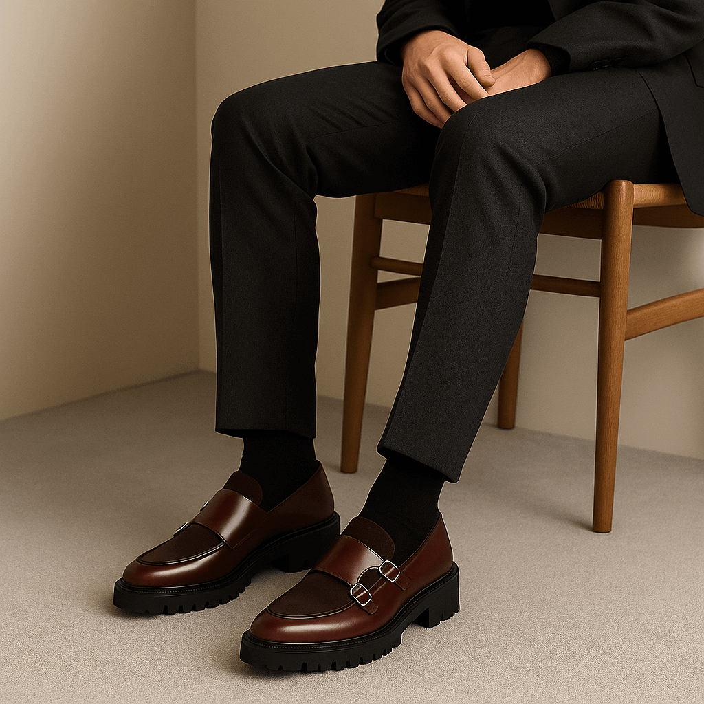 Stylish men's brown monk strap loafers. Versatile slip-on dress shoes suitable for smart casual and formal occasions.
