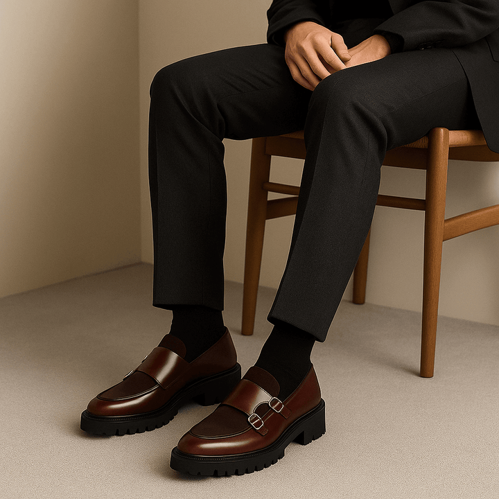 Stylish men's brown monk strap loafers. Versatile slip-on dress shoes suitable for smart casual and formal occasions.