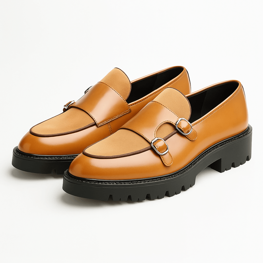 Men's sophisticated monk strap loafers. Premium quality dress shoes with convenient slip-on design and classic buckle detail.