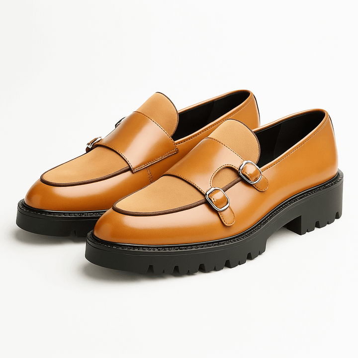 Men's sophisticated monk strap loafers. Premium quality dress shoes with convenient slip-on design and classic buckle detail.