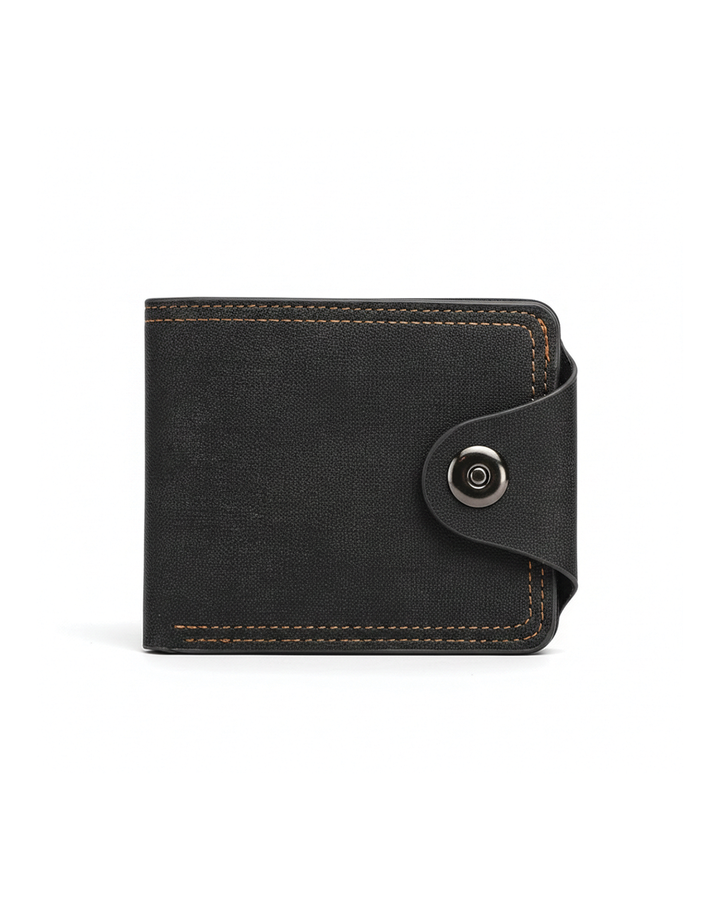 Men's black leather wallet with secure snap closure, slim design for everyday carry