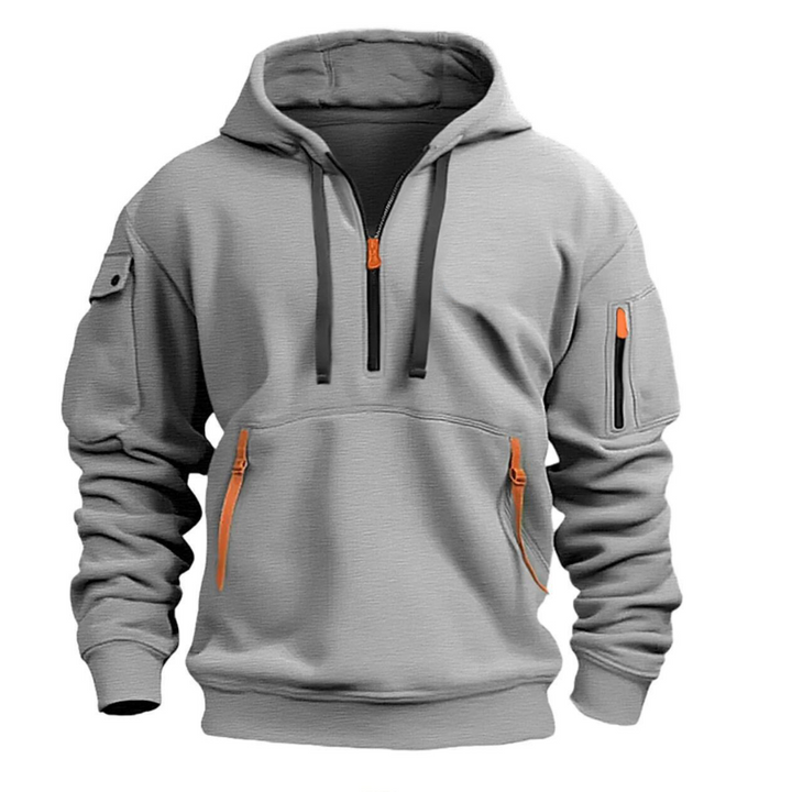 Stylish men's heather gray zipper hoodie featuring multiple utility pockets and comfort fit