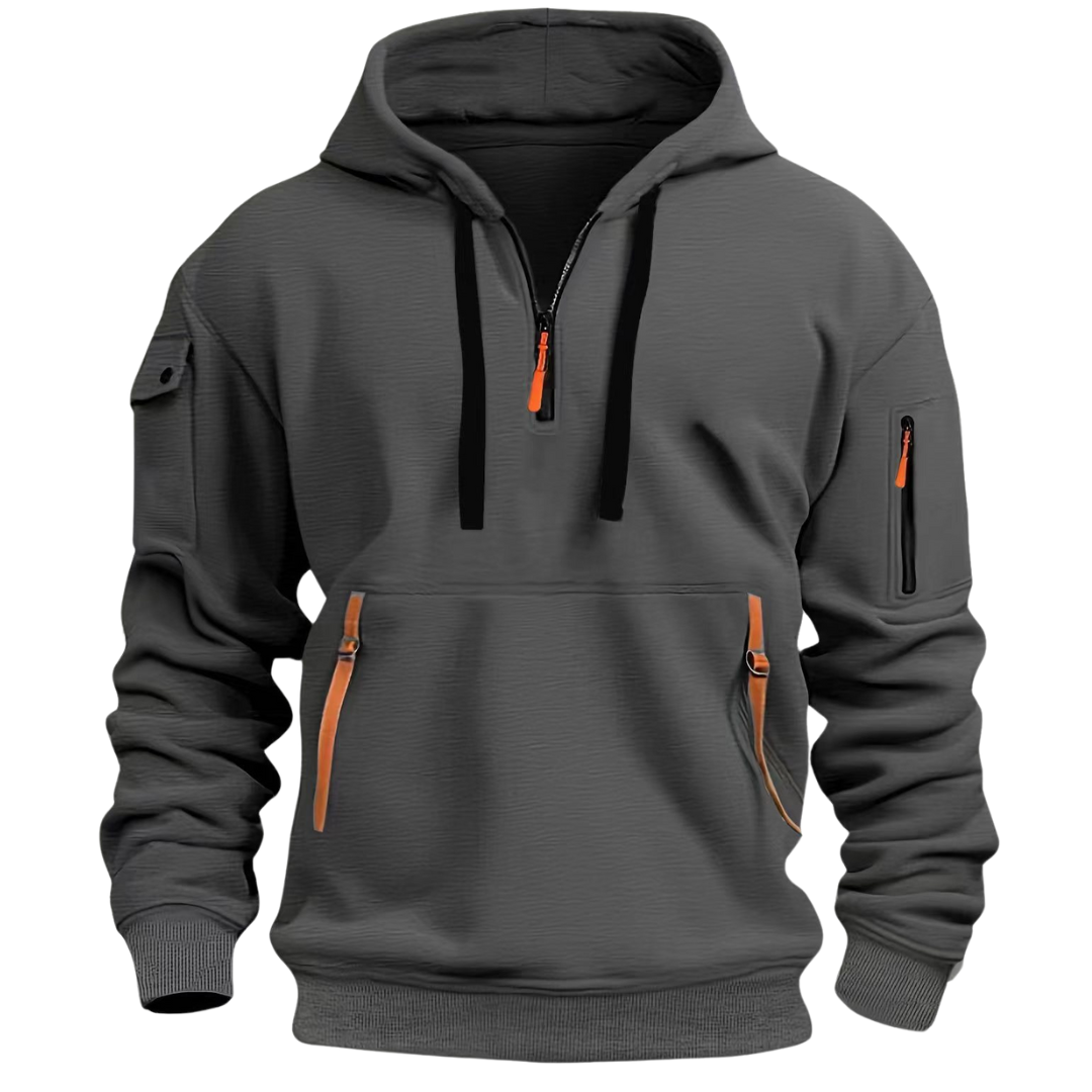 Casual men's long sleeve hoodie in navy blue with practical utility pockets for everyday wear