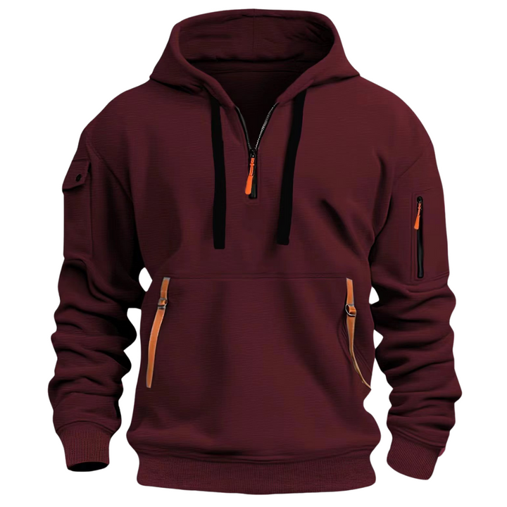 Comfort fit men's long sleeve hoodie with zipper and distinctive utility pockets for men's fashion