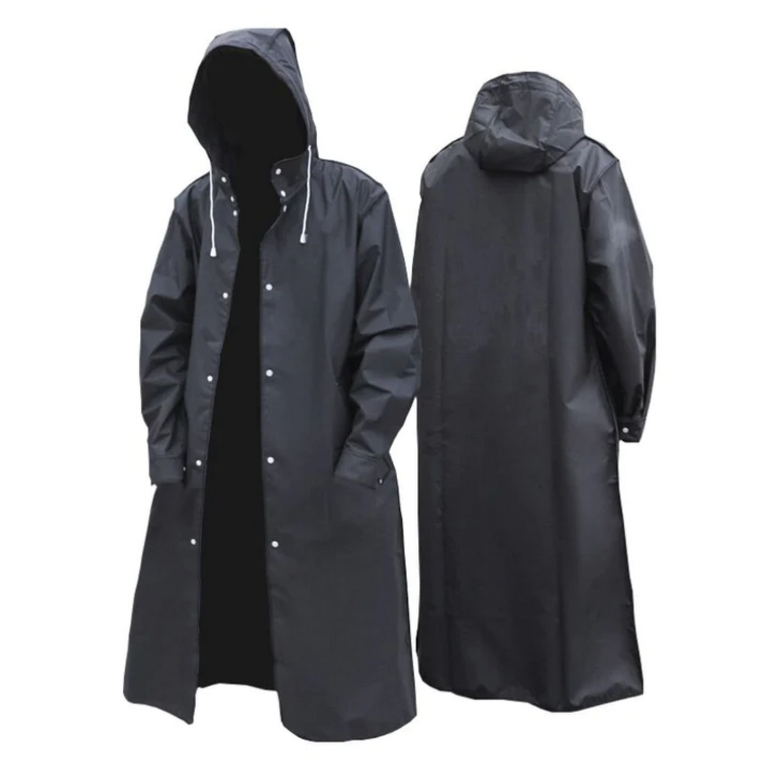 Men's black long waterproof hooded rain jacket for ultimate all-weather protection & style.