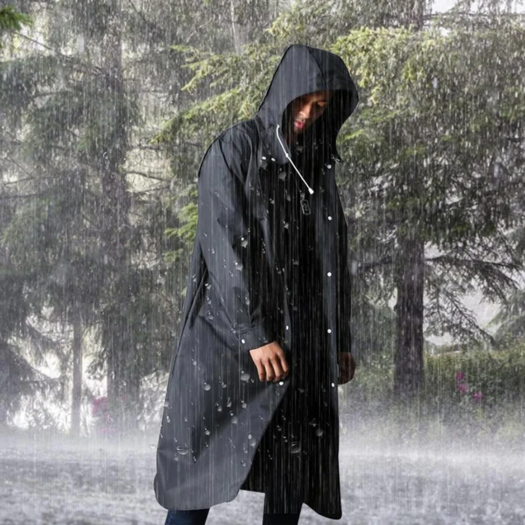 Stylish men's waterproof long rain jacket with hood, ideal for outdoor protection against wind & rain.