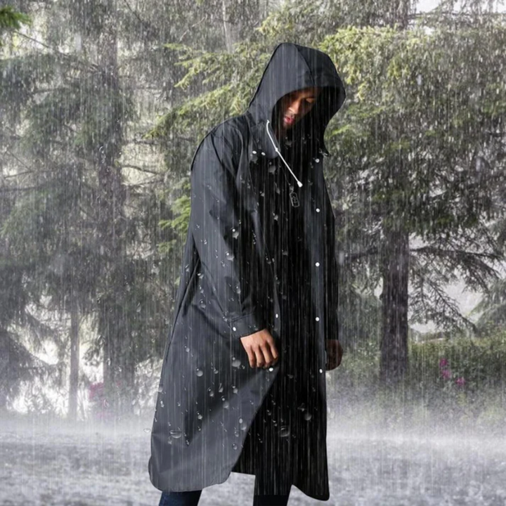 Stylish men's waterproof long rain jacket with hood, ideal for outdoor protection against wind & rain.