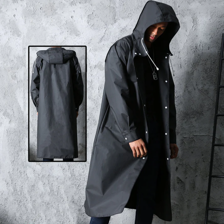 Durable men's hooded waterproof long raincoat. Perfect outerwear for all-weather protection and comfort.