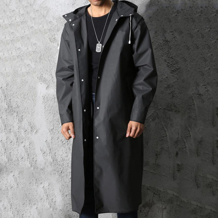 Black men's waterproof long windbreaker rain jacket with hood, offering ultimate protection from elements.