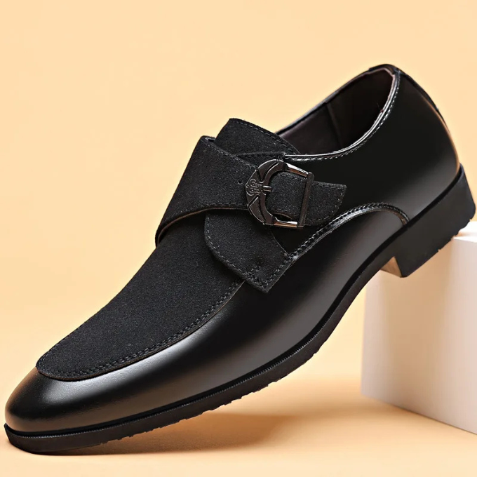 Brown men's luxury leather & suede loafers with polished buckle, perfect for dress shoes.