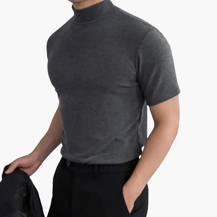 Men's black mock neck slim fit short sleeve t-shirt, perfect for modern casual wear & layering.