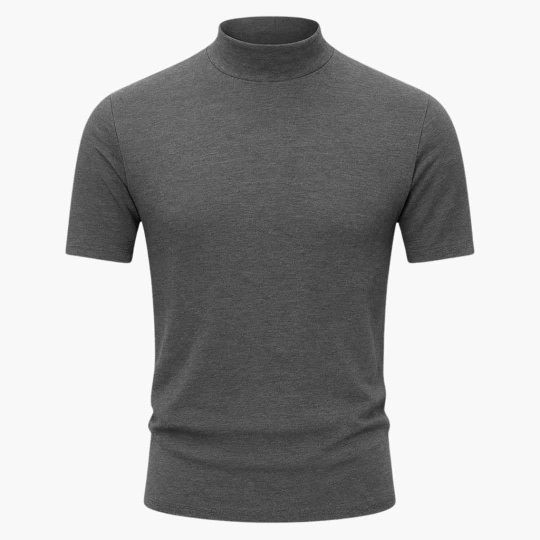 Slim fit men's mock neck short sleeve tee, a versatile everyday shirt for modern minimalist fashion.