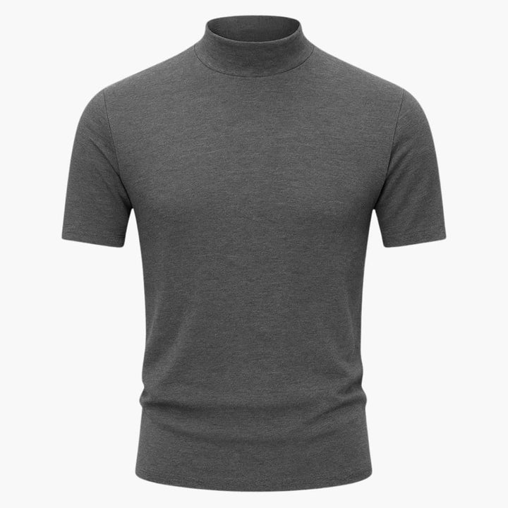 Slim fit men's mock neck short sleeve tee, a versatile everyday shirt for modern minimalist fashion.