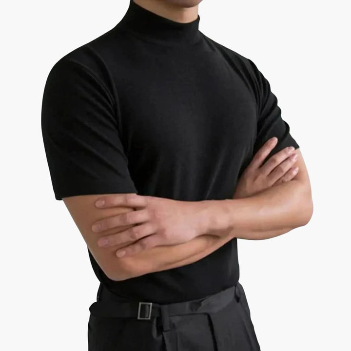 Modern men's mock neck t-shirt with a slim fit and short sleeves, ideal for casual and layering looks.