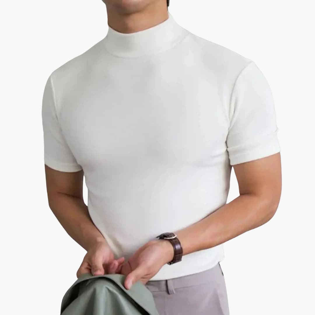 Comfortable men's mock neck short sleeve t-shirt, featuring a sleek slim fit for everyday style.