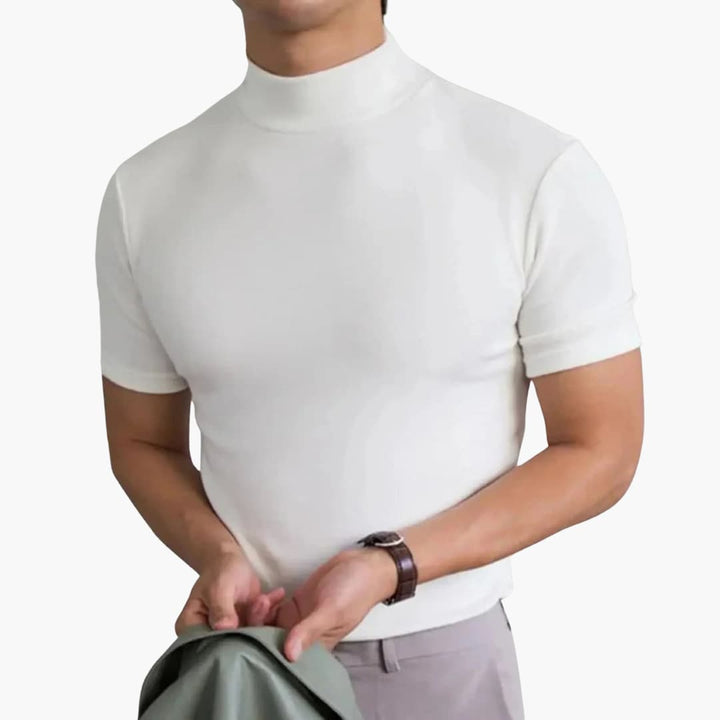 Comfortable men's mock neck short sleeve t-shirt, featuring a sleek slim fit for everyday style.