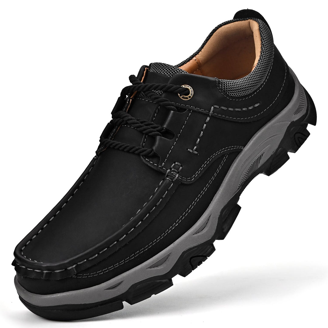 Close-up of the leather texture on men's orthopedic loafers, ensuring quality and comfort