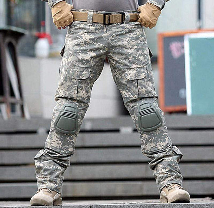 Folded pair of black men's tactical cargo pants, showcasing waterproof and durable material