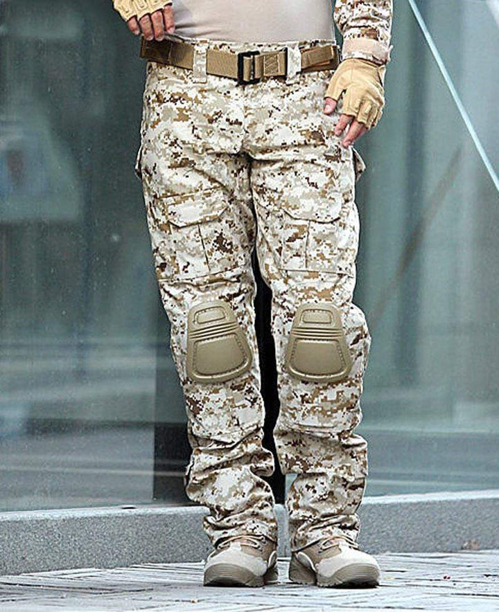 Model posing in men's waterproof tactical cargo pants, demonstrating comfort and slim fit for combat