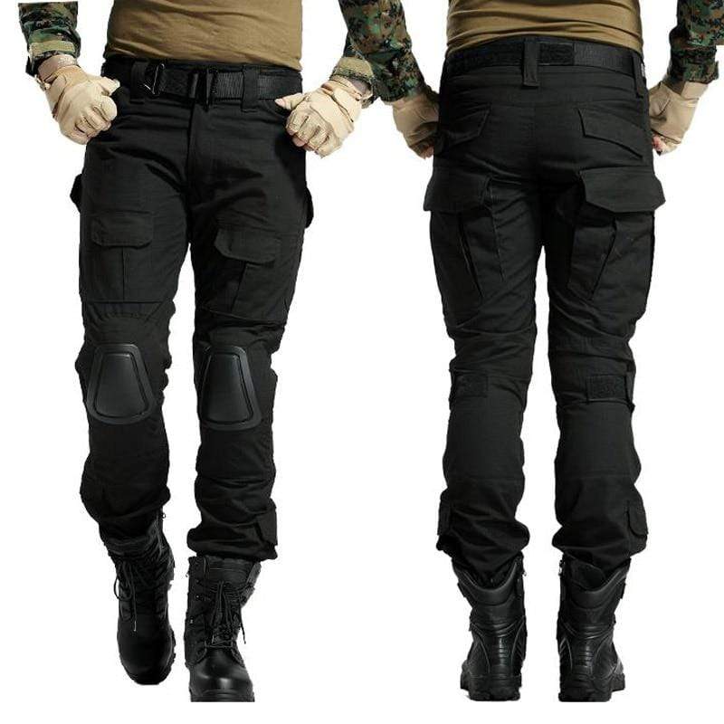 Close-up of waterproof fabric on men's tactical cargo pants, showing durability for outdoor use