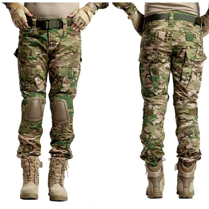 Side view of men's outdoor tactical cargo pants, showing slim fit and reinforced knees for durability