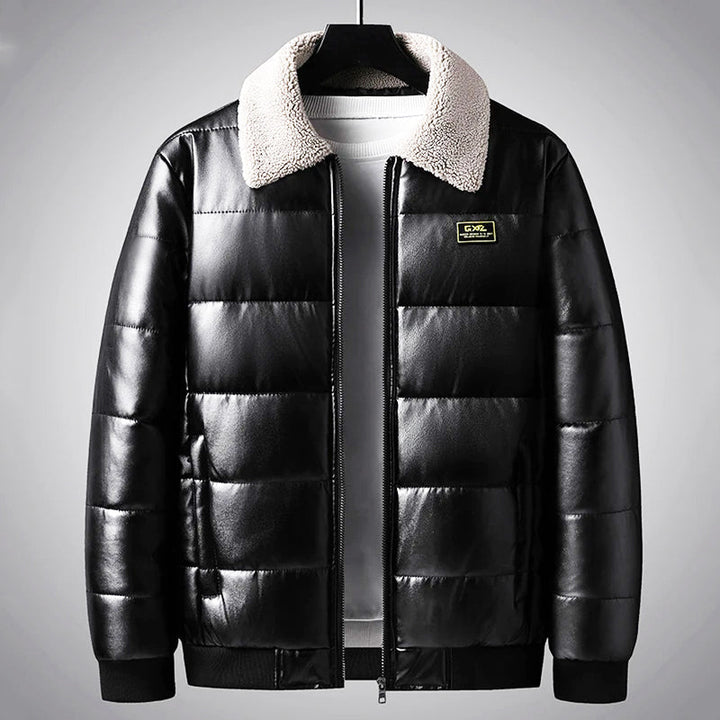 Men's black padded shearling winter jacket, combining warmth with a stylish quilted design, fleece-lined.