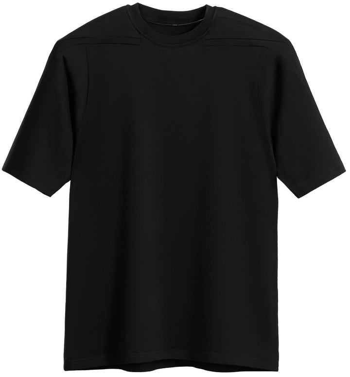 Men's black padded shoulder muscle tee, athletic fit, cotton, perfect for casual wear.