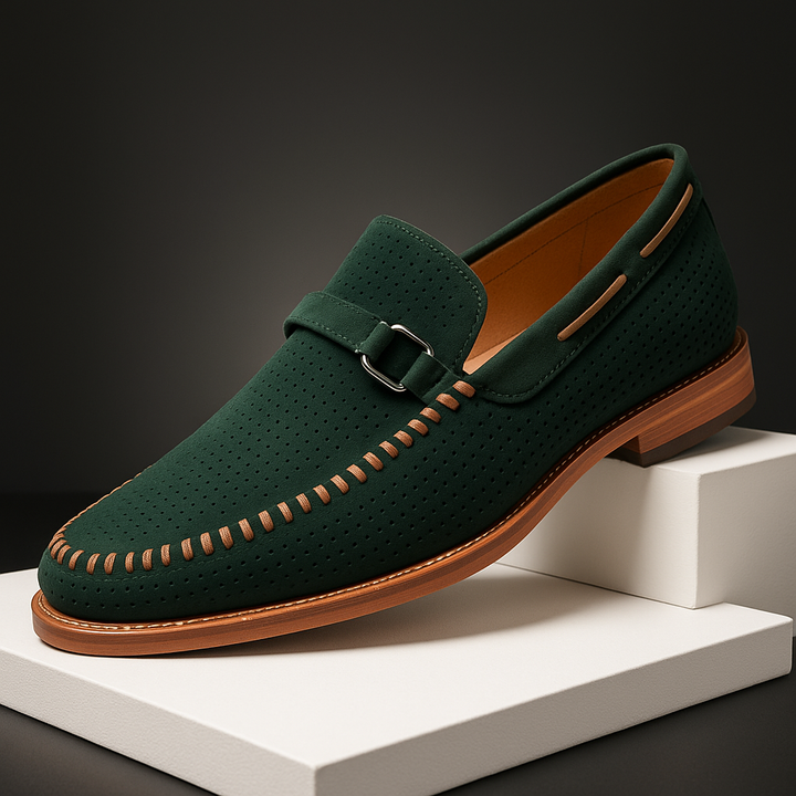 Men's black perforated leather buckle loafers, ideal for smart casual wear