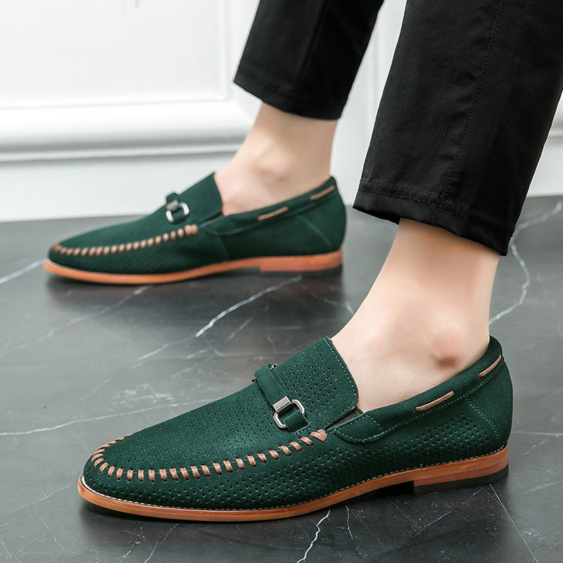 Side view of men's perforated buckle loafers, showcasing the slip-on design