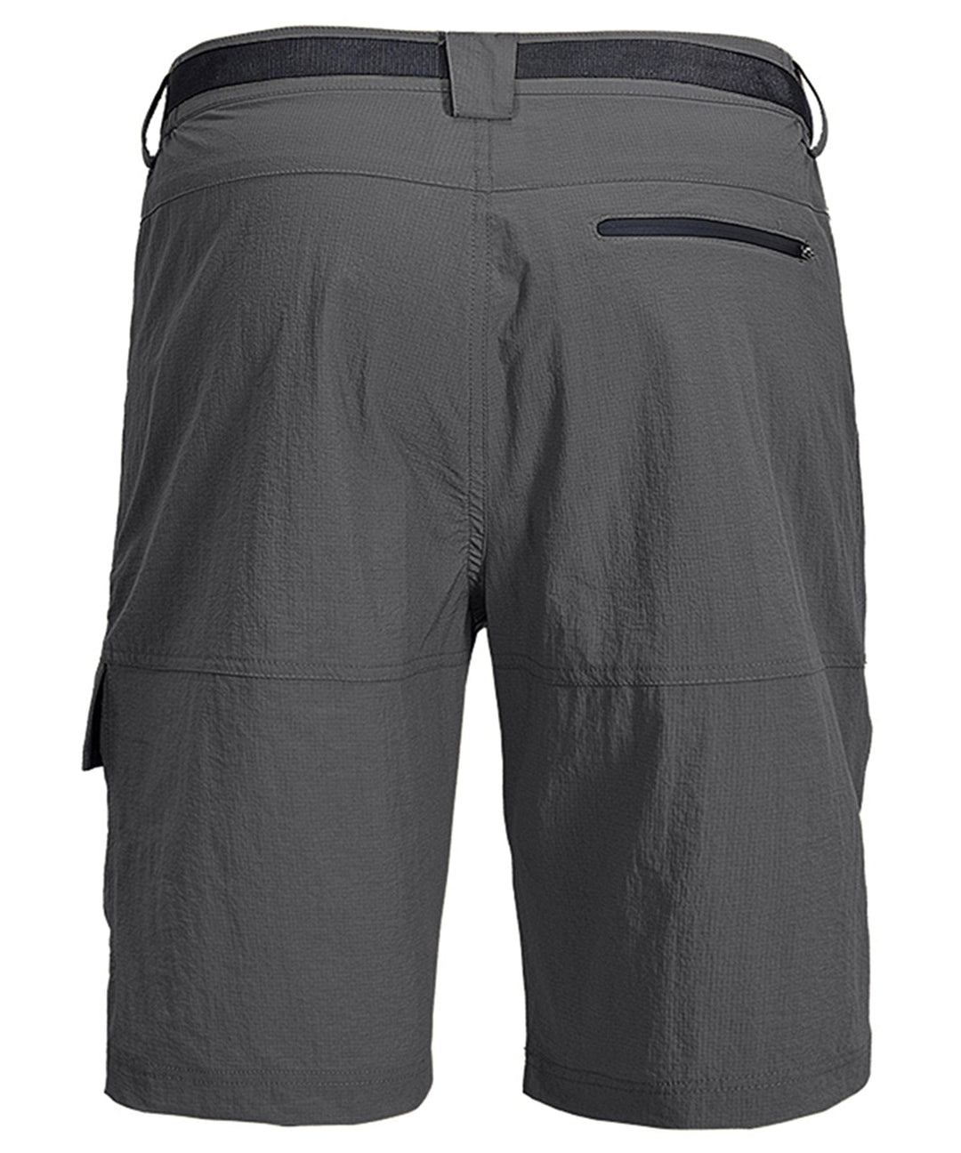Stack of folded men's performance athletic shorts in various colors: black, grey, blue