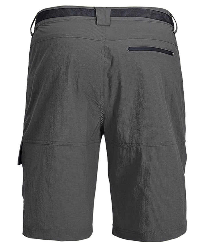 Stack of folded men's performance athletic shorts in various colors: black, grey, blue