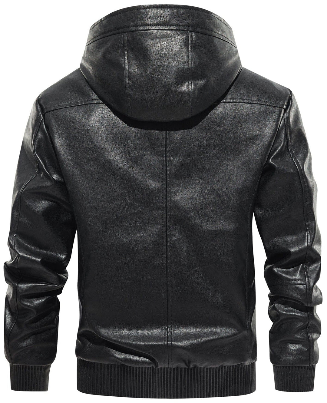 Rear view of a men's brown faux leather jacket showing plaid detail and warm design