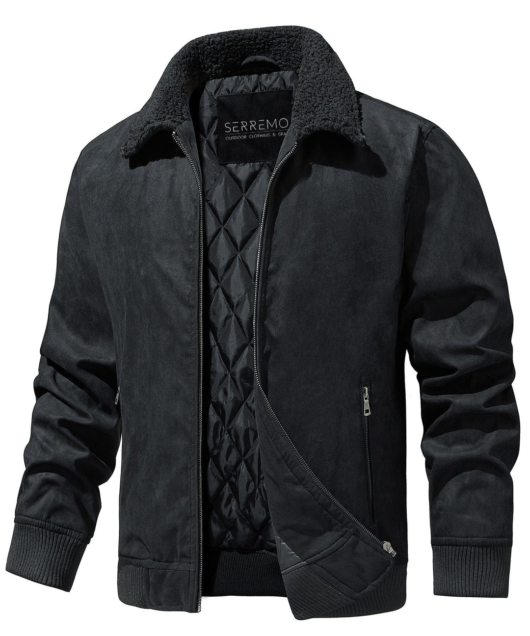 Men's black quilted bomber jacket with cozy sherpa collar, perfect for winter warmth and style.