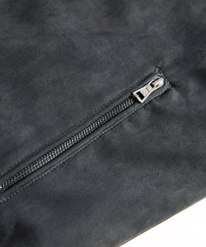 Close-up of the sherpa collar on a men's quilted bomber jacket, emphasizing its texture and warmth.