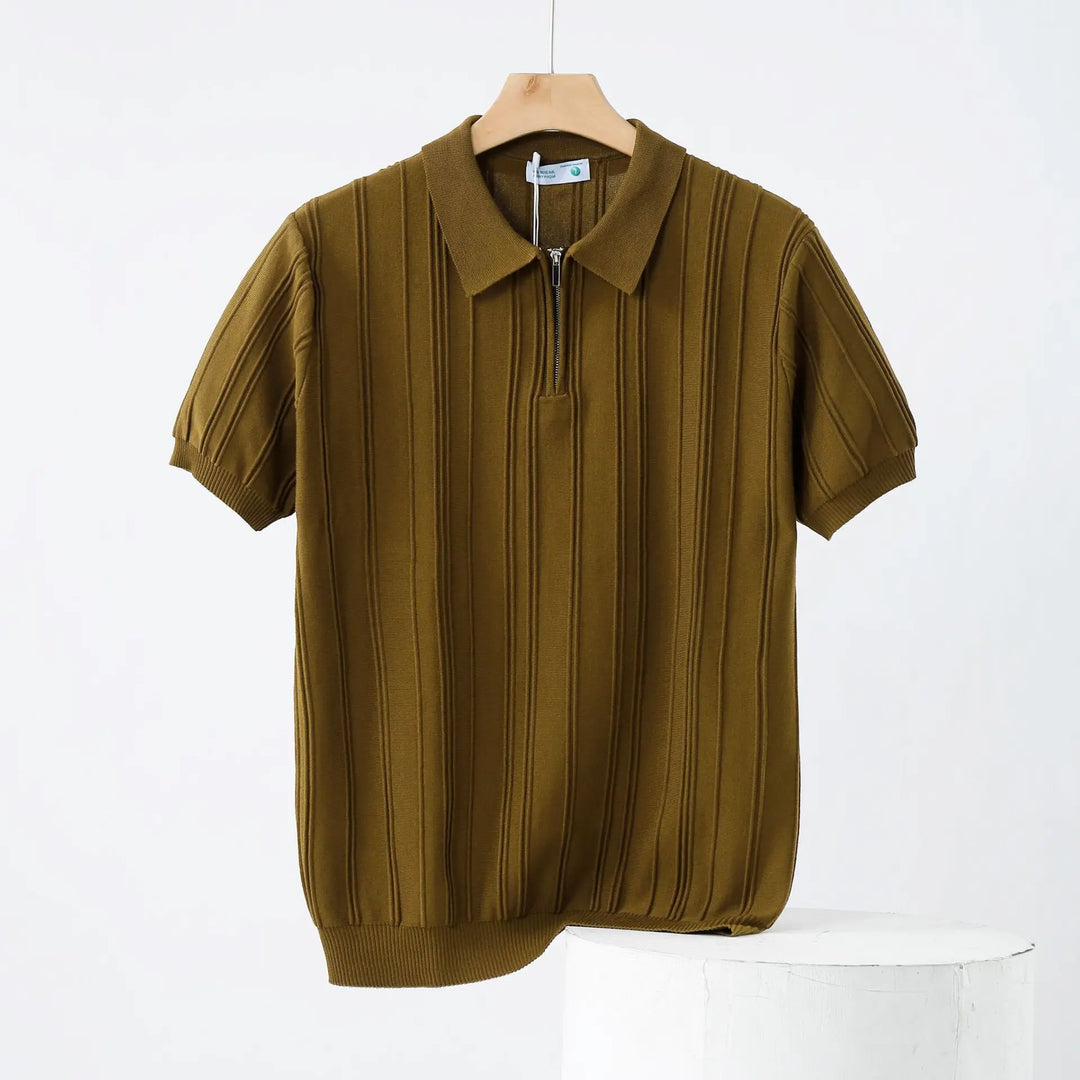 Men's black ribbed knit half-zip polo shirt, perfect for smart casual autumn wear.