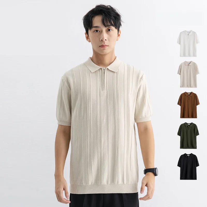 Men's black polo shirt featuring a modern half-zip and comfortable ribbed knit design.