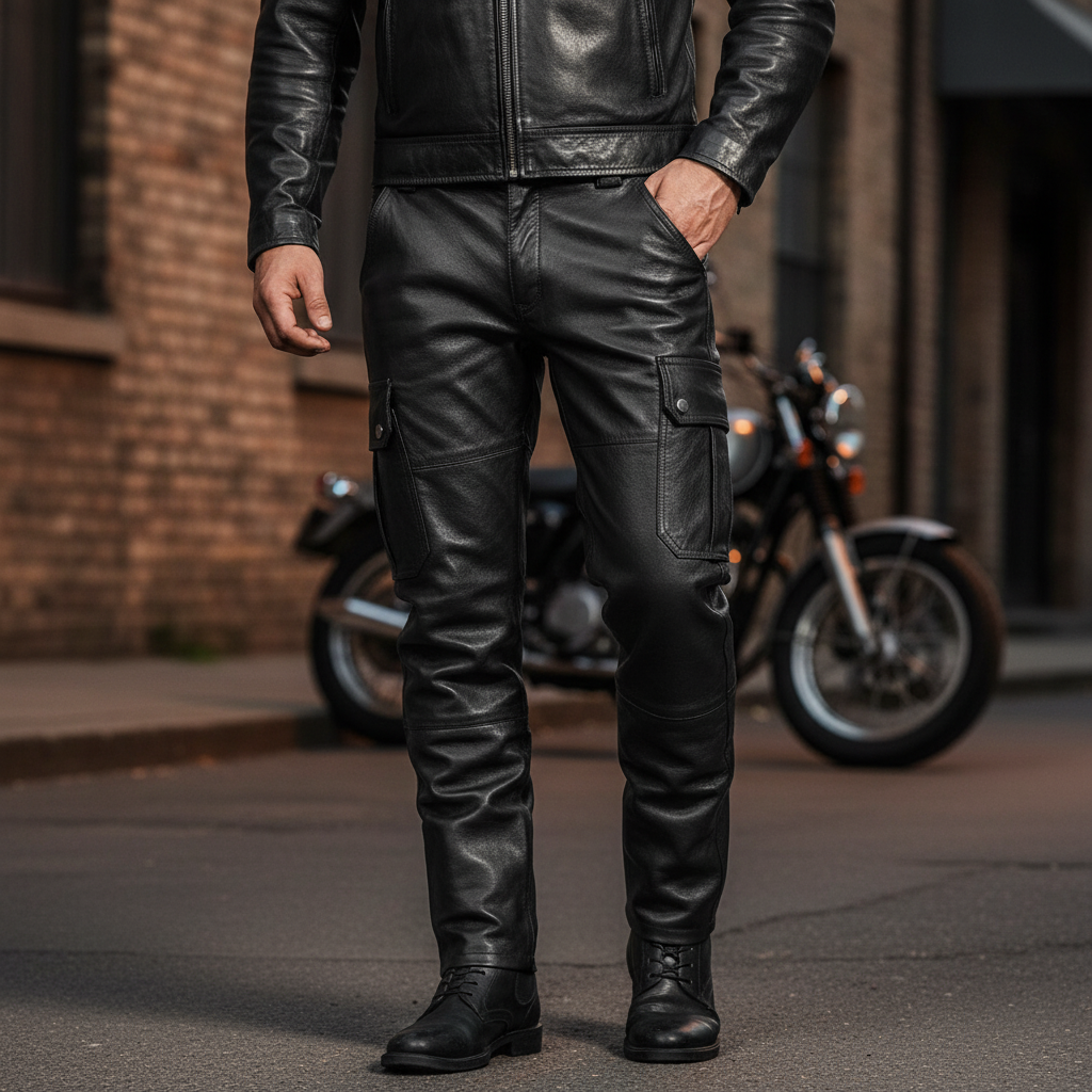 Men's black slim fit leather motorcycle pants, perfect for riding and casual urban biker style.