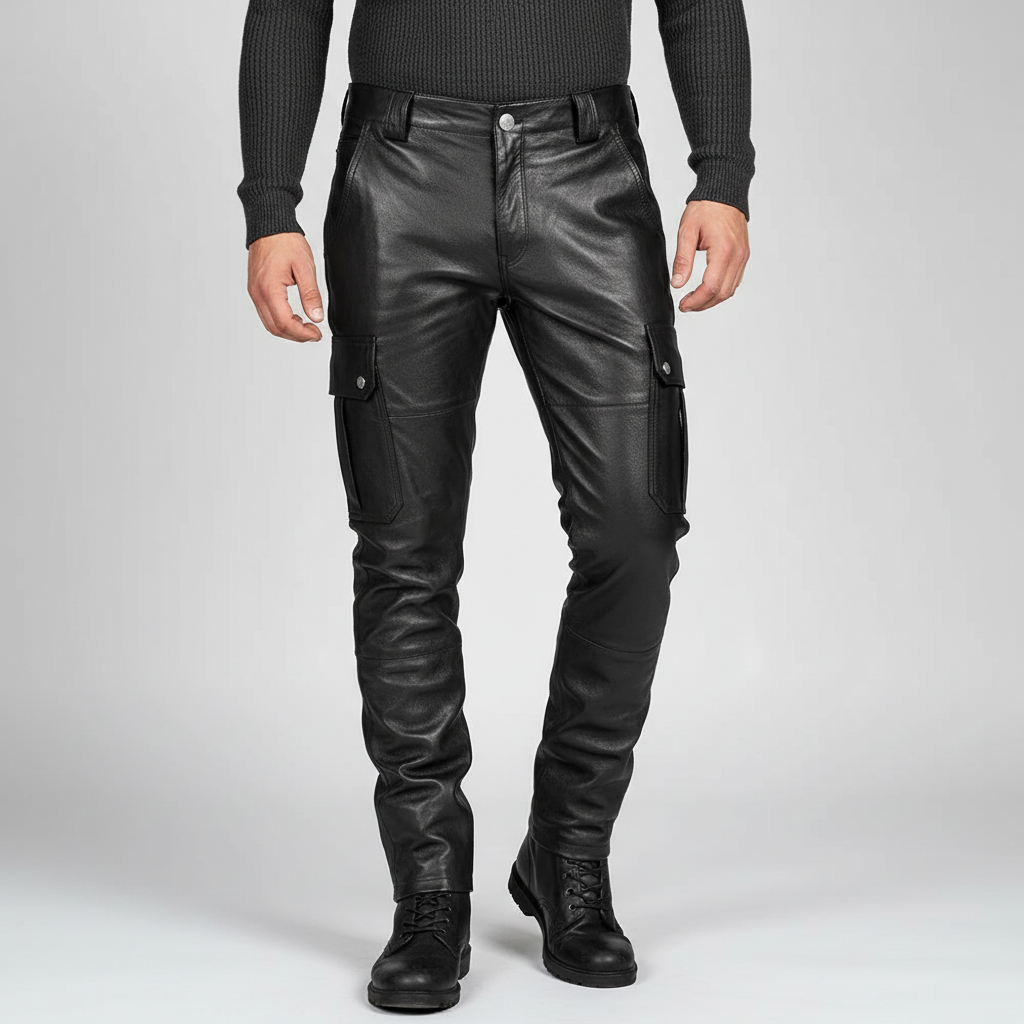 Versatile men's slim fit leather pants, ideal for motorcycle riders & everyday urban fashion. Comfortable outerwear.