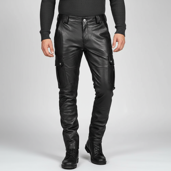 Versatile men's slim fit leather pants, ideal for motorcycle riders & everyday urban fashion. Comfortable outerwear.