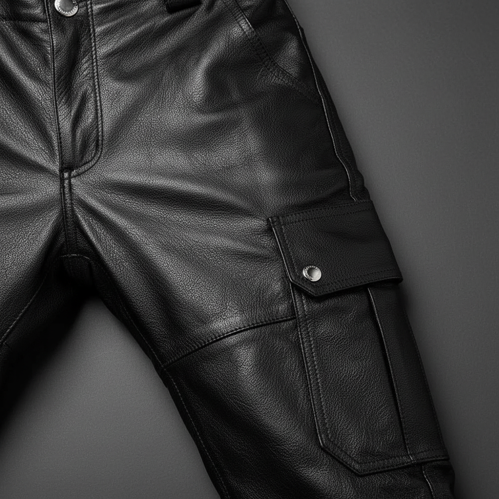 Stylish men's slim fit leather biker pants. Durable leather construction, comfortable for riding or streetwear.