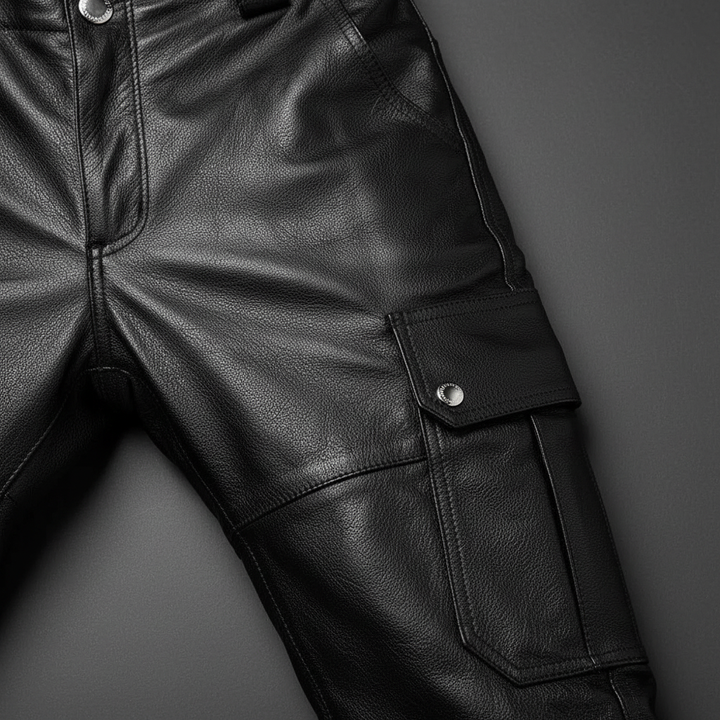 Stylish men's slim fit leather biker pants. Durable leather construction, comfortable for riding or streetwear.