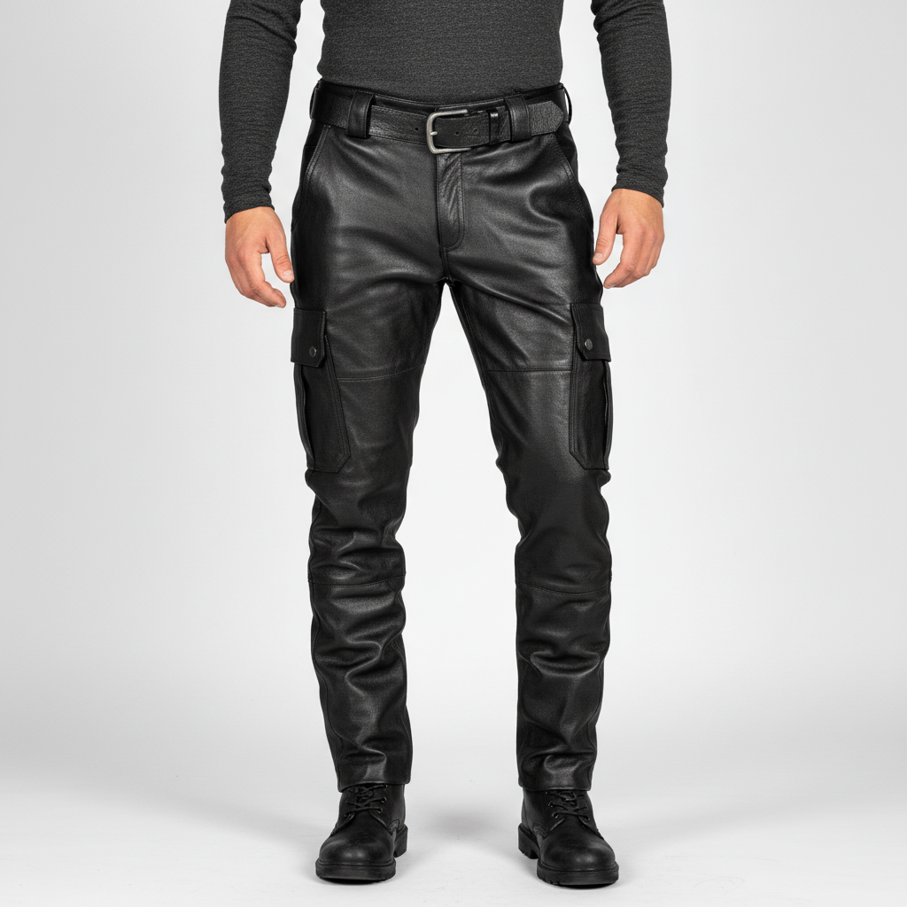 Modern men's black slim fit motorcycle leather pants, combining protection with a sleek, fashionable look.