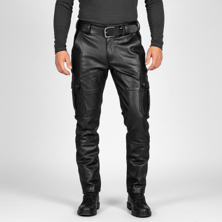 Modern men's black slim fit motorcycle leather pants, combining protection with a sleek, fashionable look.