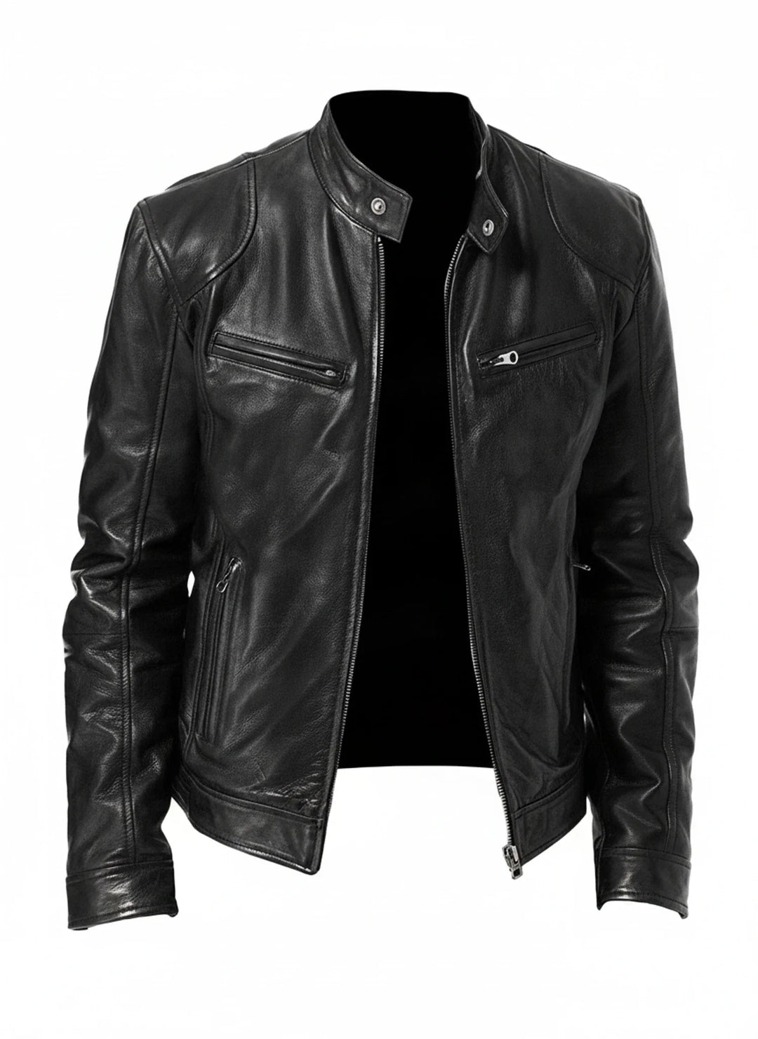 Close-up of a stylish men's slim fit moto jacket, showcasing durable fabric and detailed zipper closure.
