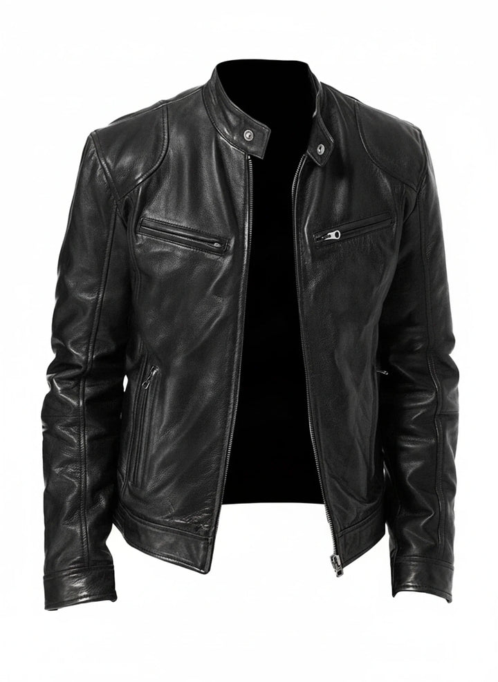 Close-up of a stylish men's slim fit moto jacket, showcasing durable fabric and detailed zipper closure.