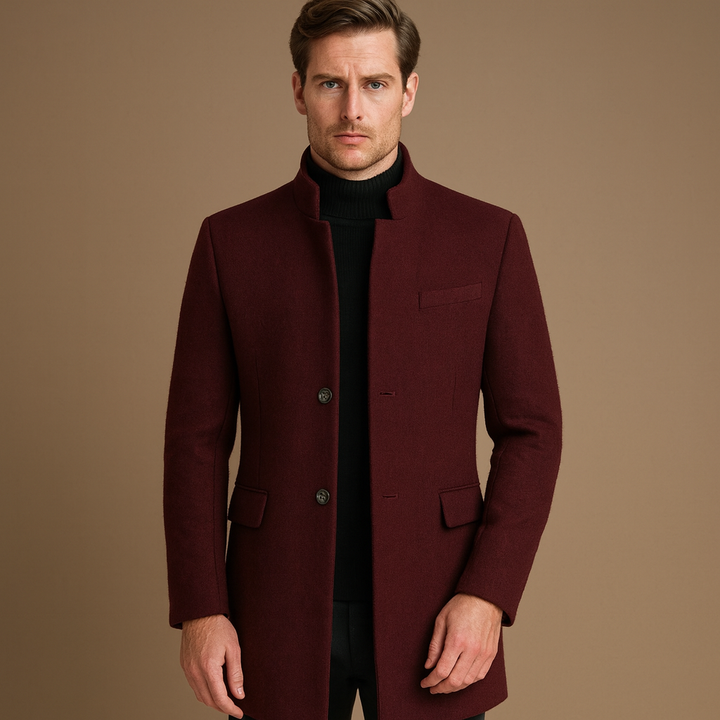 Men's black stand collar longline overcoat, perfect for business meetings & formal evening events. Elegant men's fashion.