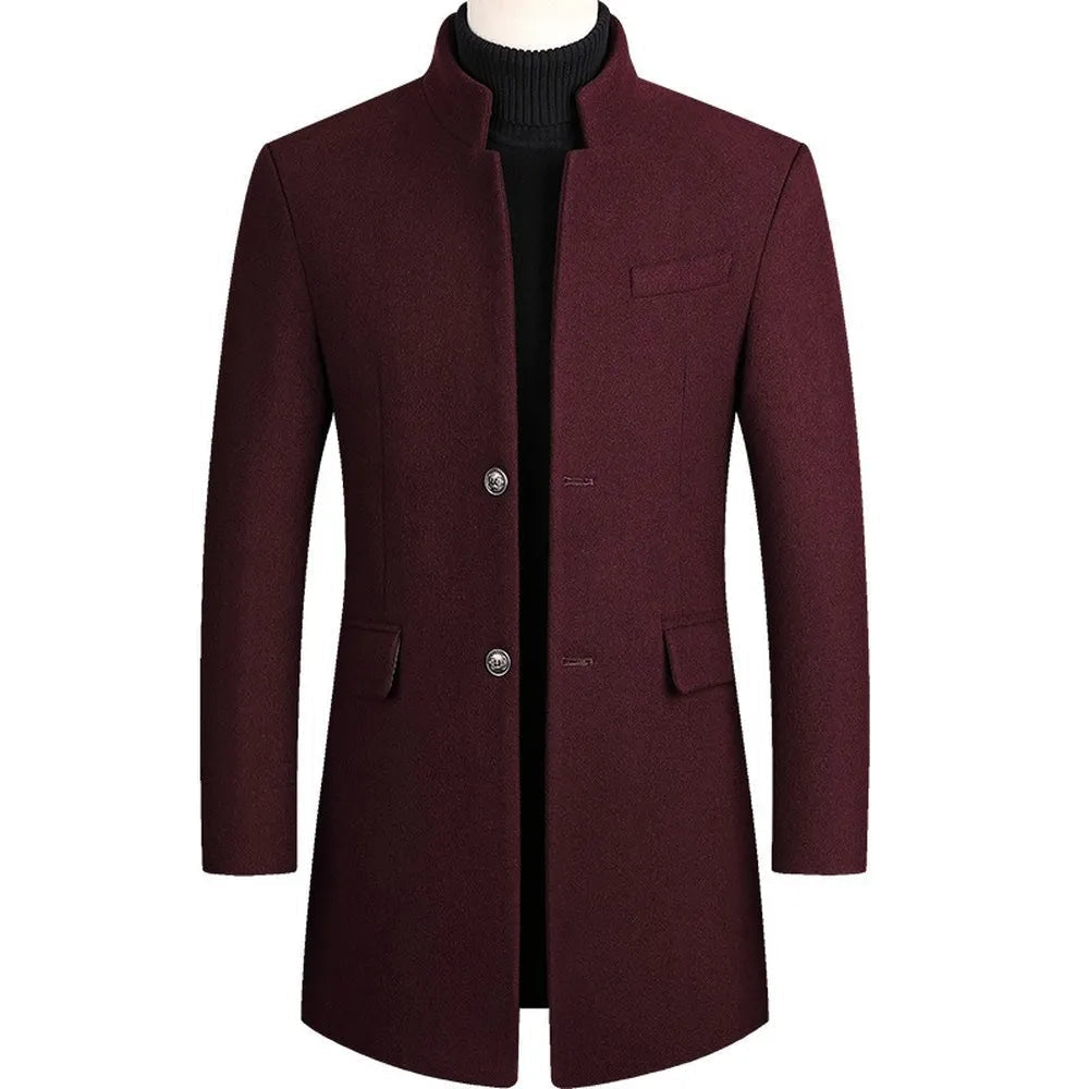 Slim-fit men's tailored longline overcoat with a sophisticated stand collar. Ideal business wear & elegant outerwear.