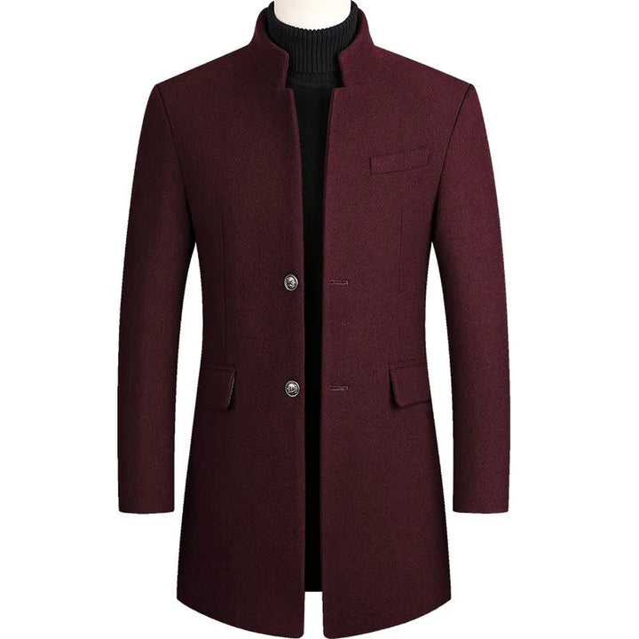 Slim-fit men's tailored longline overcoat with a sophisticated stand collar. Ideal business wear & elegant outerwear.