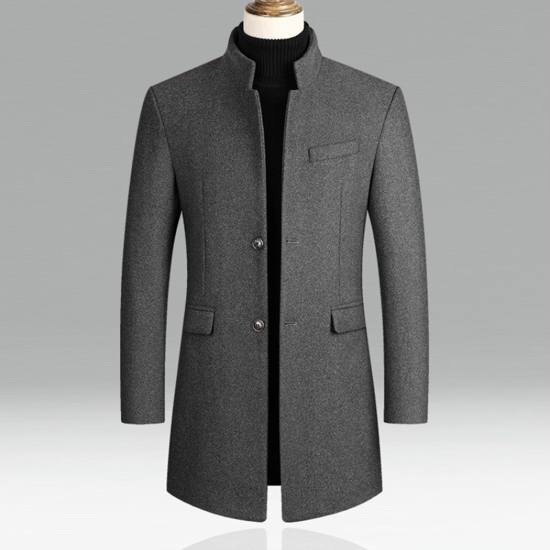 Dark blue men's stand collar overcoat. Stylish longline jacket, great for business, evening events & formal fashion.