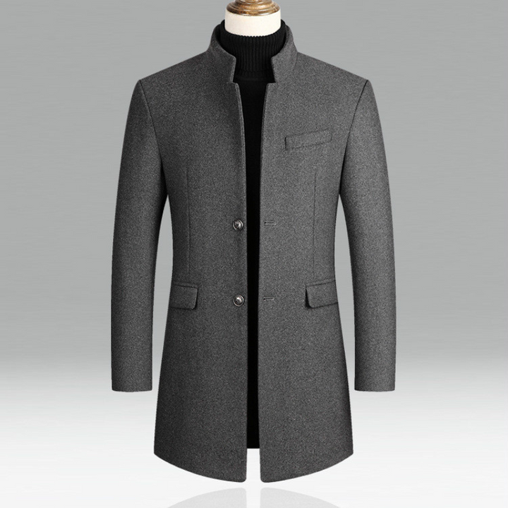 Dark blue men's stand collar overcoat. Stylish longline jacket, great for business, evening events & formal fashion.